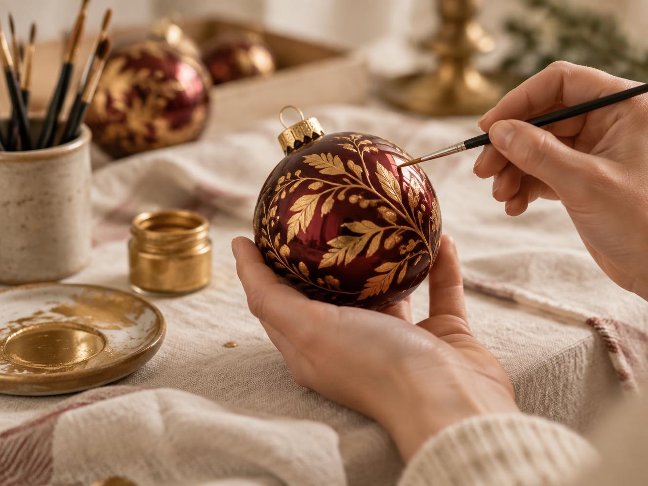 An artisan hand-painting gold detail onto a burgundy glass ornament