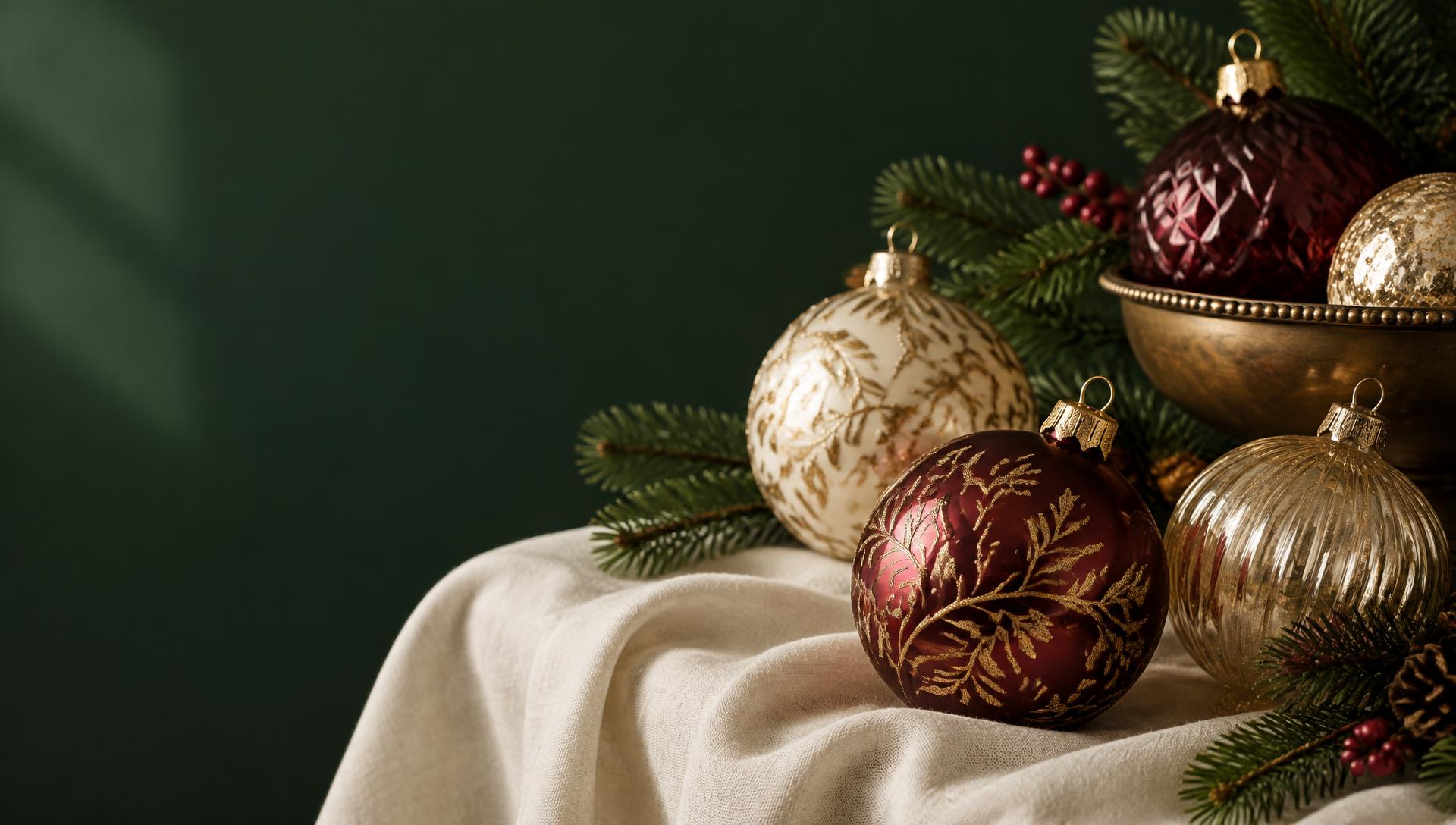 Hand-finished glass ornaments in gold and burgundy arranged on cream linen against deep evergreen